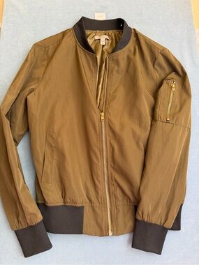 Women’s Olive Bomber Jacket with Ribbed Trim Size M